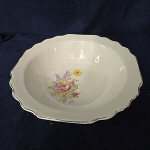 W S George Floral Bouquet Rose Round Serving Dish Scalloped Edges Stamped